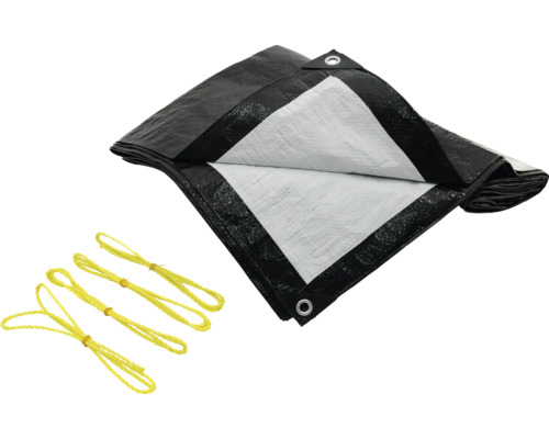 Abdeckplane mit Ösen und gelben Befestigungsseilen