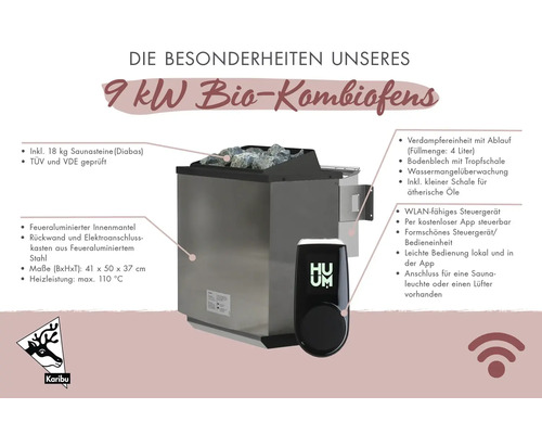 9 Kilowatt Bio Kombiofen mit Saunasteinen und Steuerung