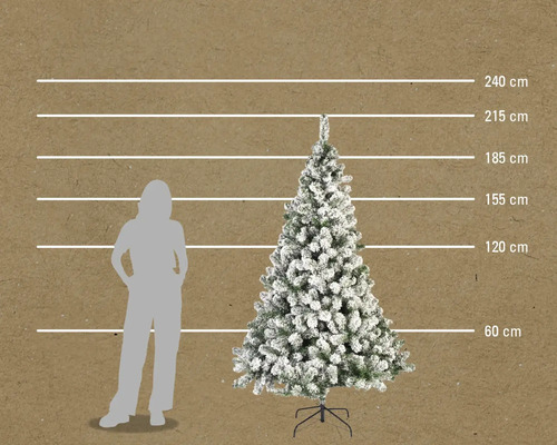 Abbildung eines künstlichen, beschneiten Weihnachtsbaums mit Größenangaben