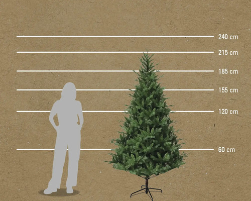 Größenvergleich künstlicher Weihnachtsbaum mit Frau und Größenangaben