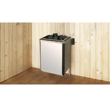 Saunaofen mit Saunasteinen an einer Holzwand