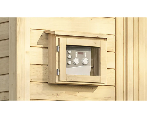 Sauna Steuerungseinheit in Holzkasten an der Saunawand