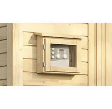 Sauna Steuerungseinheit in Holzgehäuse an Holzwand montiert