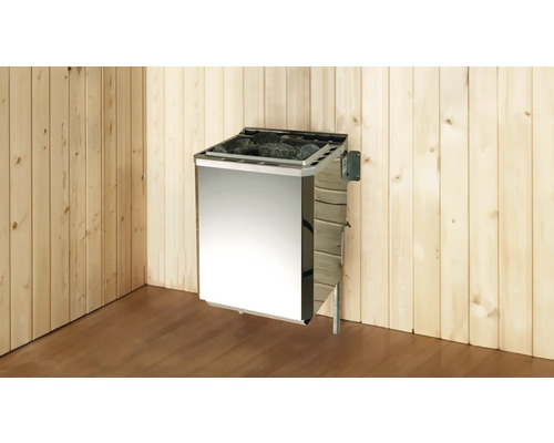 Saunaofen mit Saunasteinen an einer Holzwand montiert