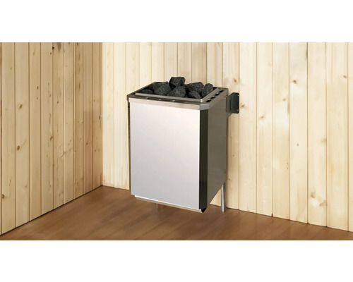 Wandmontierter Saunaofen mit Saunasteinen in einer Holzsauna.