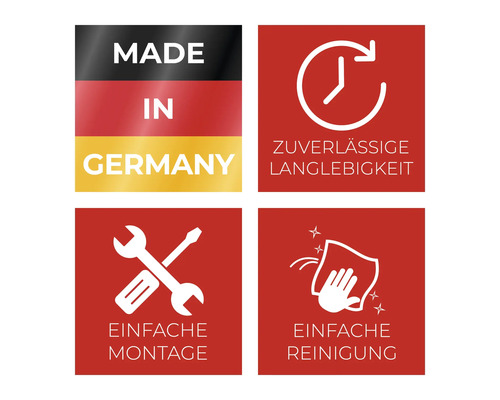 Produktmerkmale: Hergestellt in Deutschland, Zuverlässigkeit, Langlebigkeit, einfache Montage, einfache Reinigung