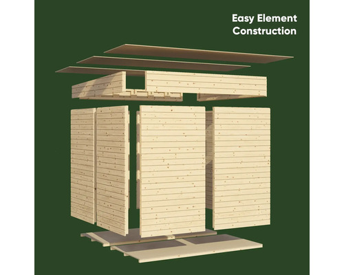 Illustration des einfachen Elementbaus eines Gartenhauses aus Holz