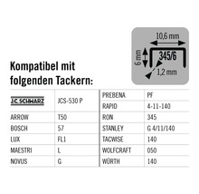 Informationen zur Kompatibilität mit verschiedenen Tackermodellen und den Abmessungen der Klammern