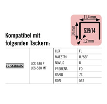 Informationen zur Kompatibilität von Tackerklammern verschiedener Marken und Modelle, einschließlich J C Schwarz Logo