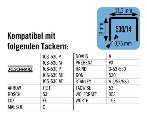 Informationen zur Kompatibilität der Klammern mit verschiedenen Tackergeräten und Angabe der Maße