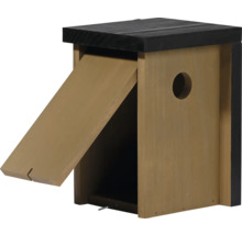 Nistkasten aus Holz mit geöffneter Klappe und rundem Einflugloch