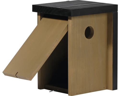 Nistkasten aus Holz mit geöffneter Klappe und rundem Einflugloch