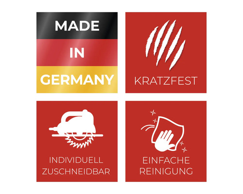 Produktmerkmale: Hergestellt in Deutschland, kratzfest, individuell zuschneidbar, einfache Reinigung
