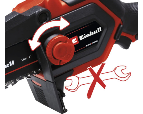Einhell Logo. Illustration zeigt die werkzeuglose Kettenspannung der Kettensäge.