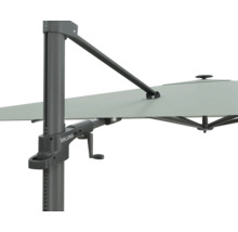 Detailansicht eines Sonnenschirms mit Kurbelmechanismus und Soluna Logo.