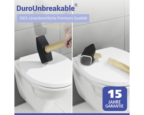 Vorher-Nachher-Darstellung einer Toilette, bei der im ersten Bild ein Hammer auf den Toilettensitz schlägt und im zweiten Bild der Toilettensitz zerbrochen ist, mit 15 Jahren Garantie.