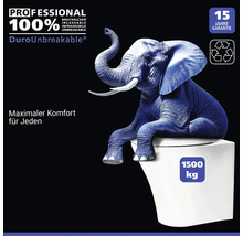 Produktbild mit Elefant auf Toilette, 15 Jahre Garantie, maximale Belastbarkeit 1500 Kilogramm