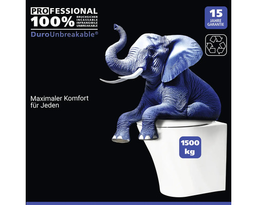 Produktbild mit Elefant auf Toilette, 15 Jahre Garantie, maximale Belastbarkeit 1500 Kilogramm