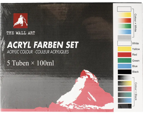 Acrylfarben Set von The Wall Art mit fünf Tuben à 100 ml