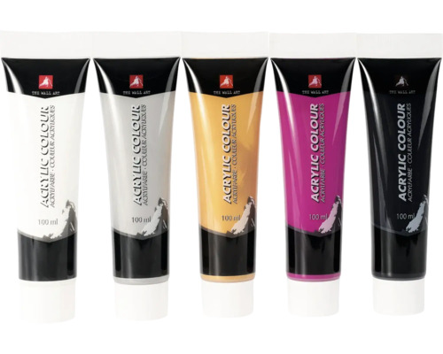 Fünf Tuben Acrylfarbe mit je 100 ml Inhalt