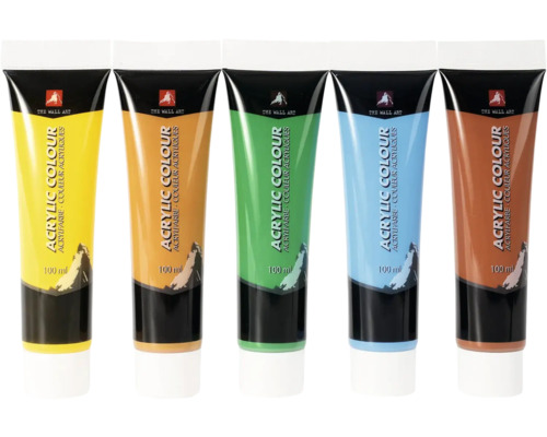 Fünf Tuben Acrylfarbe mit je 100 ml Inhalt