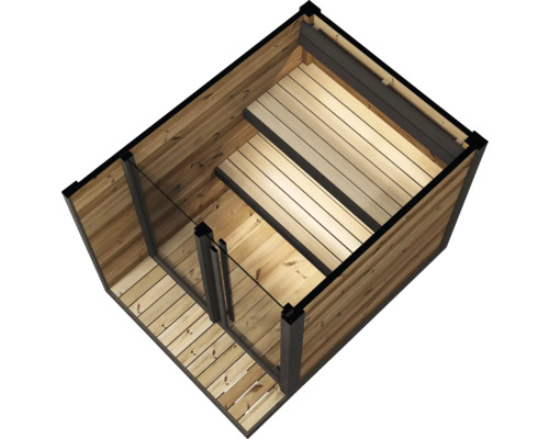 Saunakabine aus Holz mit Glasfront und zweistufigen Holzbänken in moderner Optik.