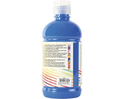 Blaue Kinder Schulmalfarbe in einer Plastikflasche