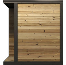 Detailansicht einer Holzwand für Gartenhäuser mit waagerechten Brettern und dunklem Rahmen.