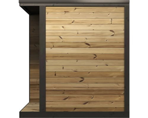 Detailansicht einer Holzwand für Gartenhäuser mit waagerechten Brettern und dunklem Rahmen.