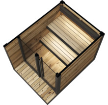 Holzsauna mit Glasfront und zweistufigen Sitzbänken, Innenansicht von oben.