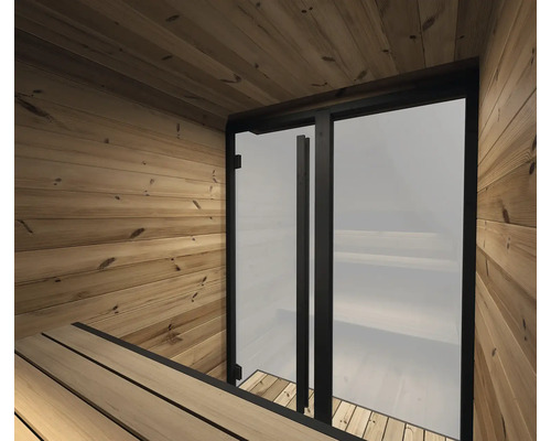 Innenansicht einer Sauna mit Holzwänden, Holzdecke und Bänken sowie einer Glastür mit Rahmen und Griff.