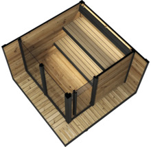 Holzpool mit integrierten Stufen, Glaselementen und Beleuchtung.