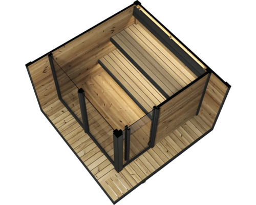 Holzpool mit integrierten Stufen, Glaselementen und Beleuchtung.