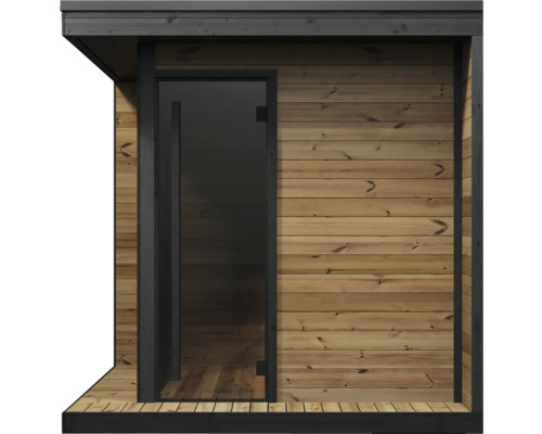 Moderne Außensauna aus Holz mit dunkler Glastür, waagerechte Holzpaneele und passender Dachrand.