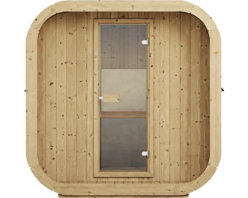 Frontalansicht einer Fasssauna aus hellem Holz mit einer rechteckigen Glastür und abgerundeten Ecken.