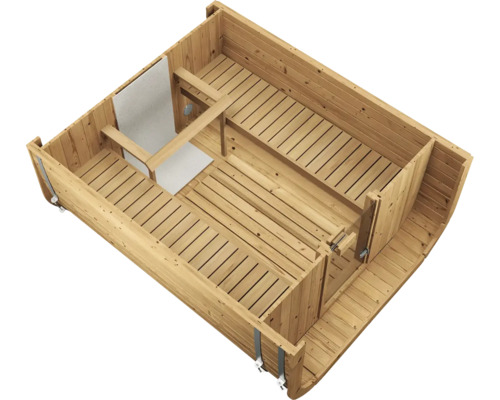 Innenansicht einer Fasssauna aus Holz mit Saunabänken auf zwei Ebenen und Bodenrost in der Draufsicht.