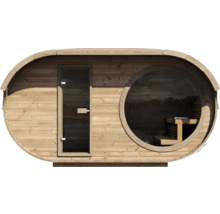 Ovale Außensauna aus Holz mit Glastür und großem rundem Panoramafenster.