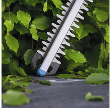 Nahaufnahme einer Heckenschere vor einer grünen Hecke