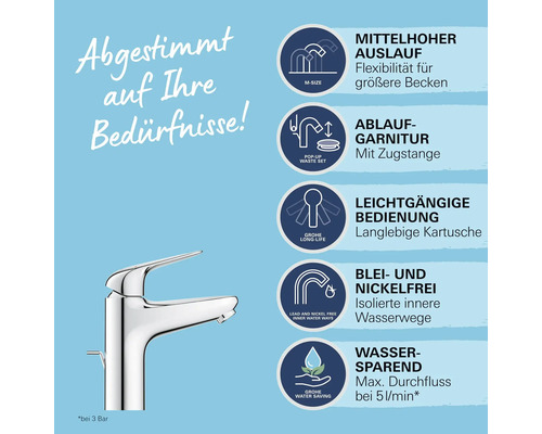 Armatur mit mittelhohem Auslauf, Ablaufgarnitur mit Zugstange, leichtgängiger Bedienung, blei- und nickelfreien, isolierten Wasserwegen sowie Wassersparfunktion.