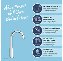 Armatur mit hohem Auslauf, Ablaufgarnitur, energiesparendem Kaltwasserstart, blei- und nickelfreien Wasserwegen und Wassersparfunktion