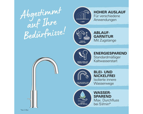 Armatur mit hohem Auslauf, Ablaufgarnitur, energiesparendem Kaltwasserstart, blei- und nickelfreien Wasserwegen und Wassersparfunktion