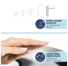 Verschiedene Größen von Wasserhähnen dargestellt, von XS bis XL. Symbol für extra hohen Auslauf für freistehende Becken. Symbol für langlebige, leicht zu reinigende Oberfläche. Hand auf einer glänzenden Oberfläche.