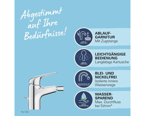Wasserhahn mit Ablaufgarnitur, leichtgängiger Bedienung, blei- und nickelfreien Wasserwegen sowie Wassersparfunktion