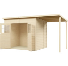 Holzgartenhaus mit offenstehenden Türen und überdachter Veranda