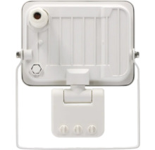 Rückansicht eines weißen LED-Strahlers mit Bewegungsmelder und Befestigungsbügel