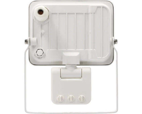 Rückansicht eines weißen LED-Strahlers mit Bewegungsmelder und Befestigungsbügel