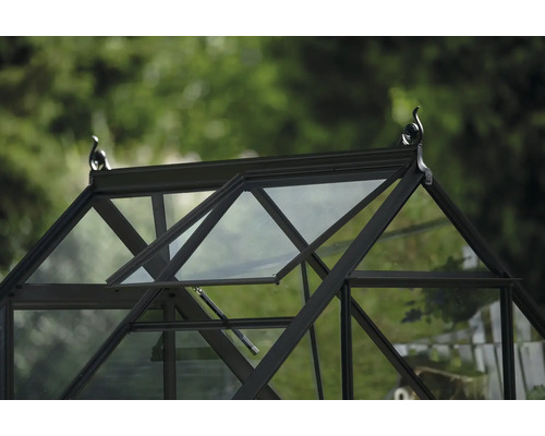 Detailansicht eines Gewächshauses mit geöffnetem Fenster und dekorativen Elementen auf dem Dach