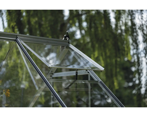 Detailansicht des geöffneten Fensters eines Gewächshauses.