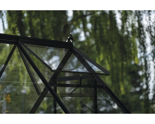 Detailansicht eines Gewächshauses mit geöffnetem Fenster zur Belüftung.