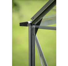 Detailansicht eines Gewächshauses mit Aluminiumrahmen und Glaseinsätzen
